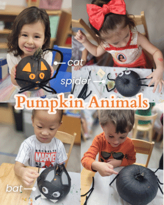 A photo showcasing 4 different toddlers working on their decorated animal pumpkins. One pumpkin is decorated to look like a cat, another to look like a bat, and two look like spiders.