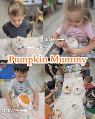 This photo shows 3 toddlers each decorating a pumpkin mummy by wrapping a pumpkin in gauze and gluing googly eyes to it. There is a fourth image that depicts a table with many toddlers working on their pumpkin mummies.
